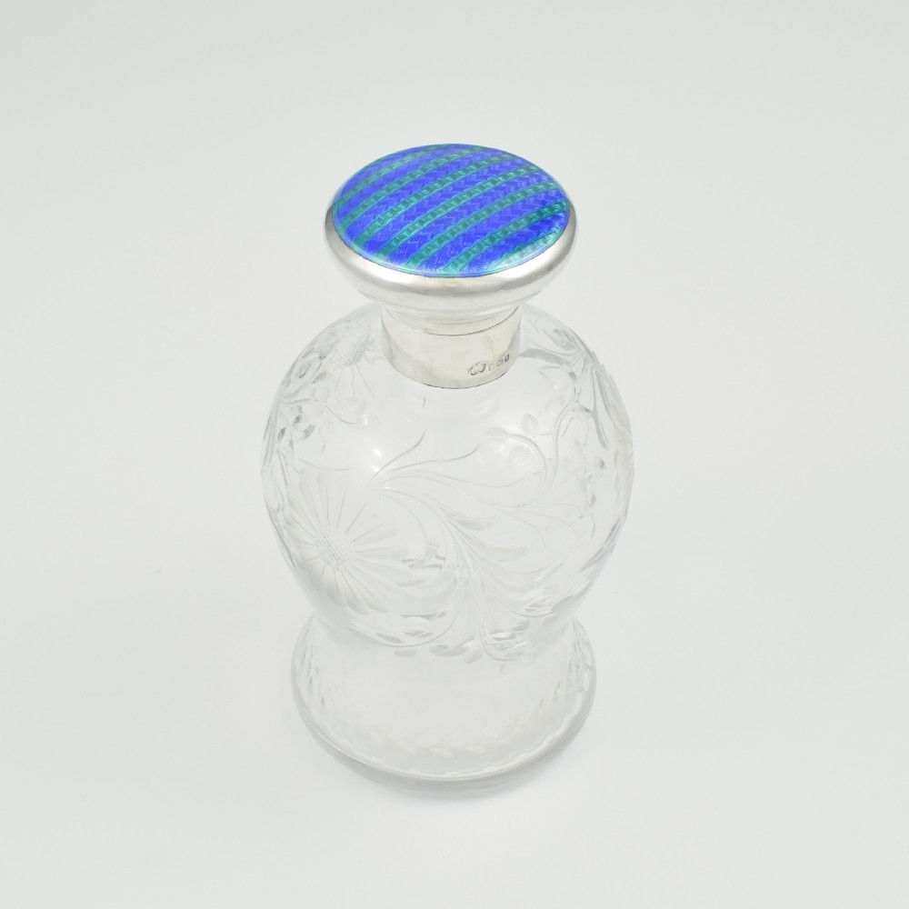 Stunning Blue & Green Striped Guilloche Enamel Silver & Cut Glass Scent Bottle