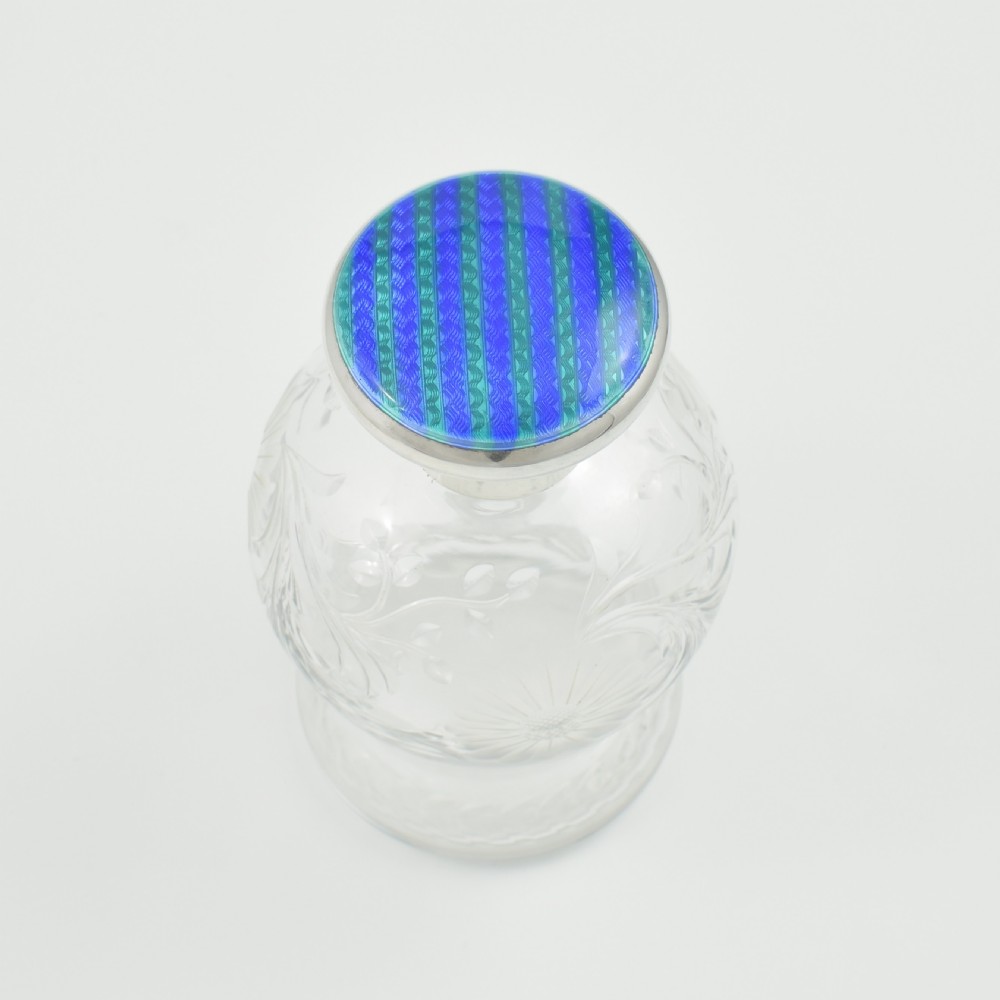 Stunning Blue & Green Striped Guilloche Enamel Silver & Cut Glass Scent Bottle View II