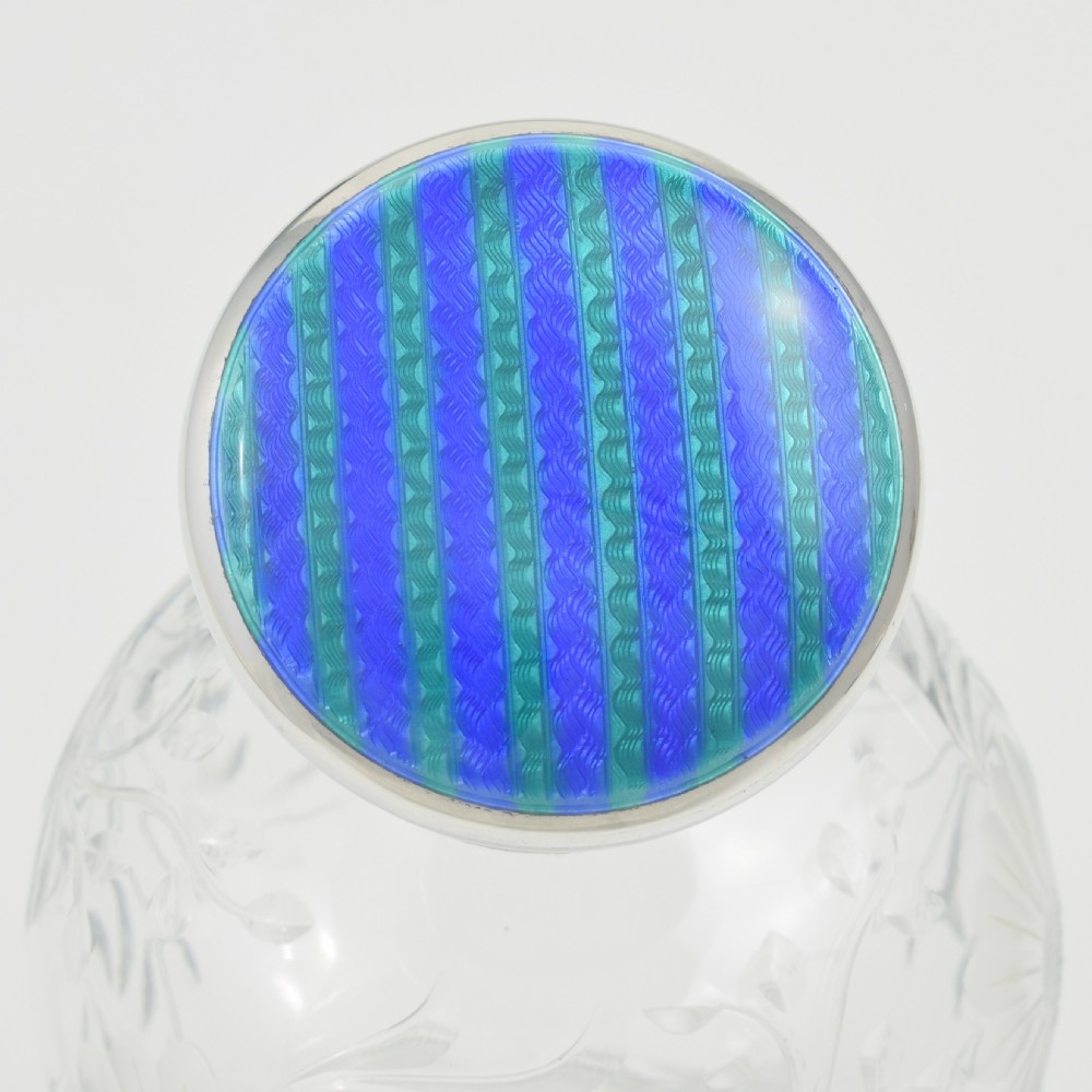 Stunning Blue & Green Striped Guilloche Enamel Silver & Cut Glass Scent Bottle View III