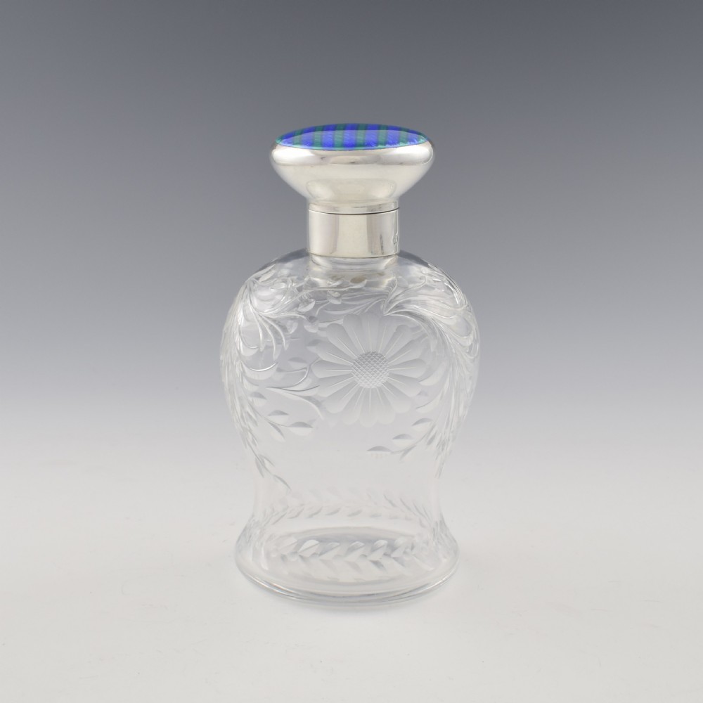 Stunning Blue & Green Striped Guilloche Enamel Silver & Cut Glass Scent Bottle View V