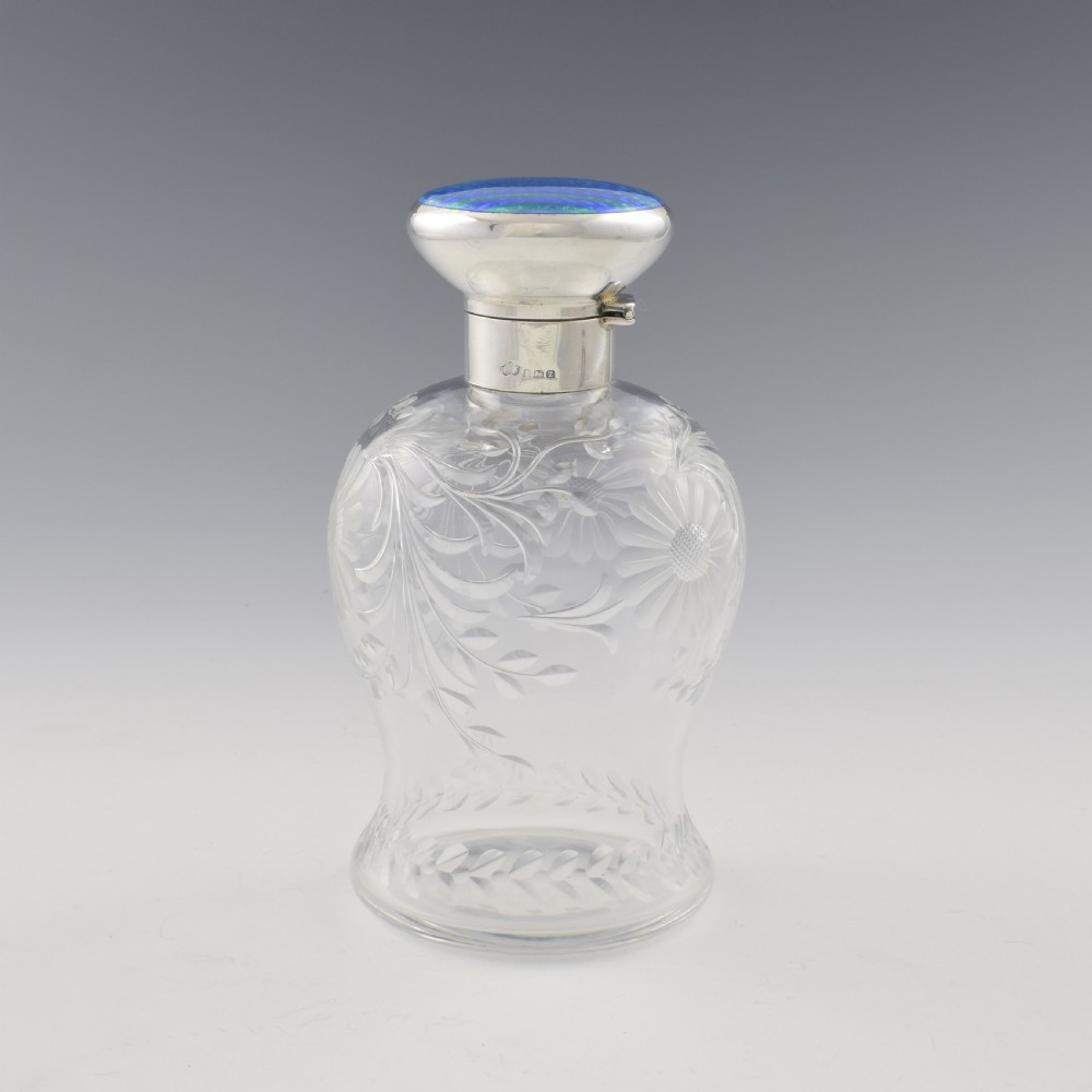 Stunning Blue & Green Striped Guilloche Enamel Silver & Cut Glass Scent Bottle View VI