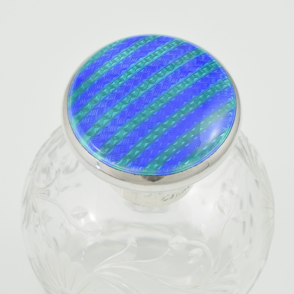 Stunning Blue & Green Striped Guilloche Enamel Silver & Cut Glass Scent Bottle View IX