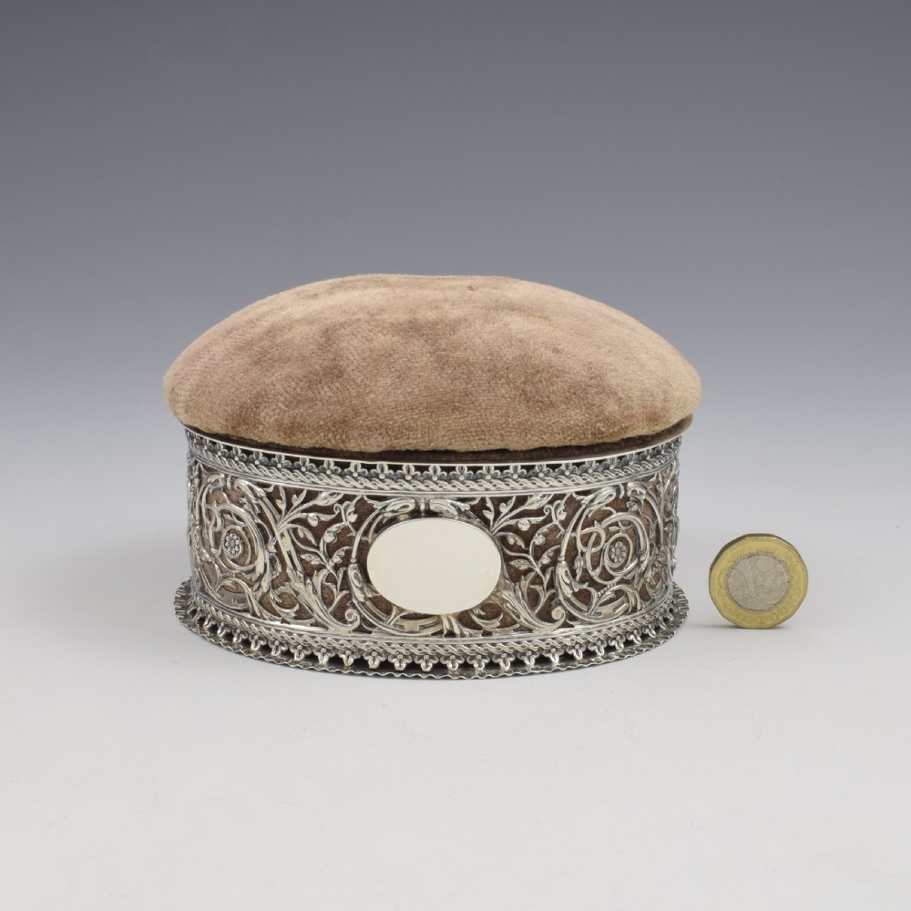Large Victorian Pin Cushion Lidded Pierced Silver Jewellery Casket / Ring / Sewing Box View III