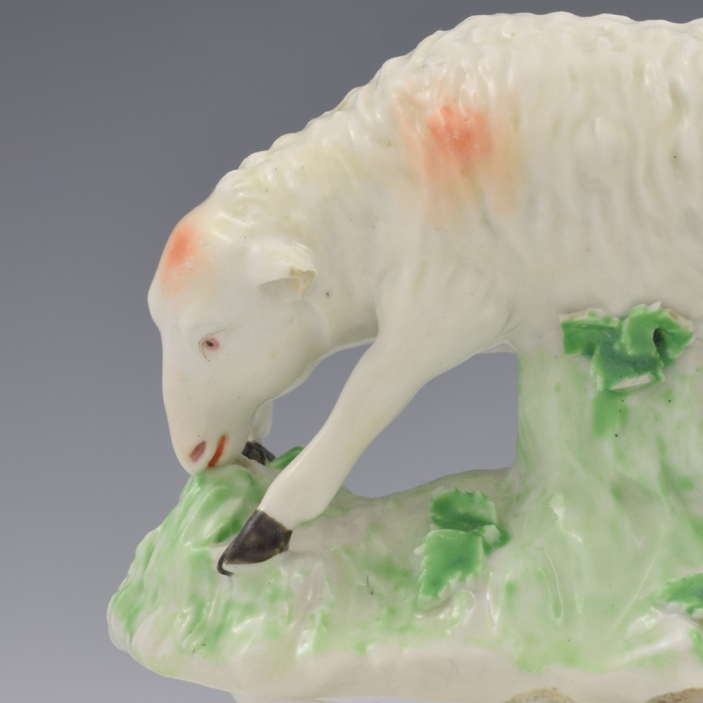 An 18th-century Derby porcelain figure depicting a white grazing ewe with orange flecks on a green leaf-patterned base. View XII
