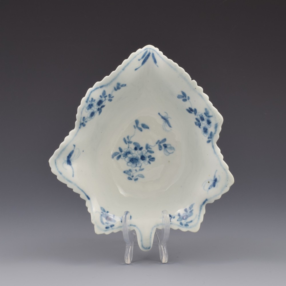 An 18th-century leaf-moulded soft-paste porcelain pickle dish with underglaze cobalt blue floral and leaf decoration. View II