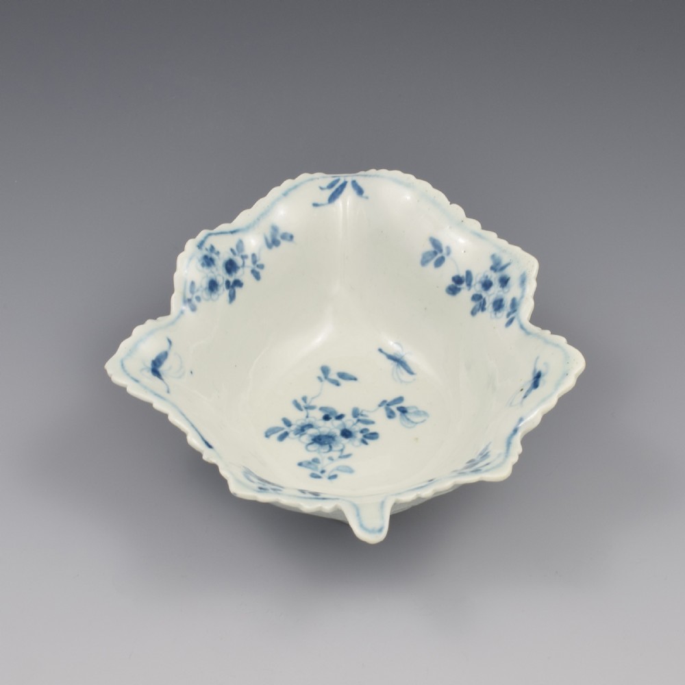 An 18th-century leaf-moulded soft-paste porcelain pickle dish with underglaze cobalt blue floral and leaf decoration. View III