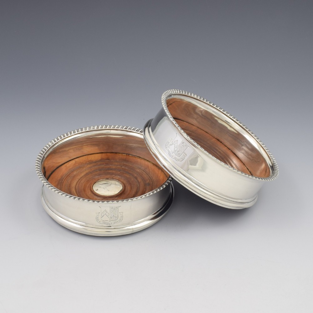 Stunning Pair Of Georgian Sterling Silver Wine Bottle Coasters Eyre Family Armorial Coat Of Arms