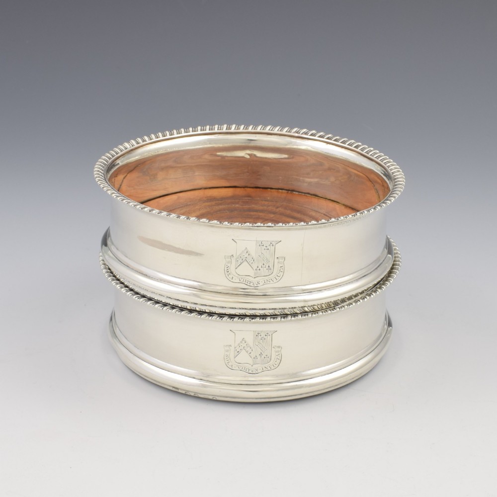 Stunning Pair Of Georgian Sterling Silver Wine Bottle Coasters Eyre Family Armorial Coat Of Arms View IV