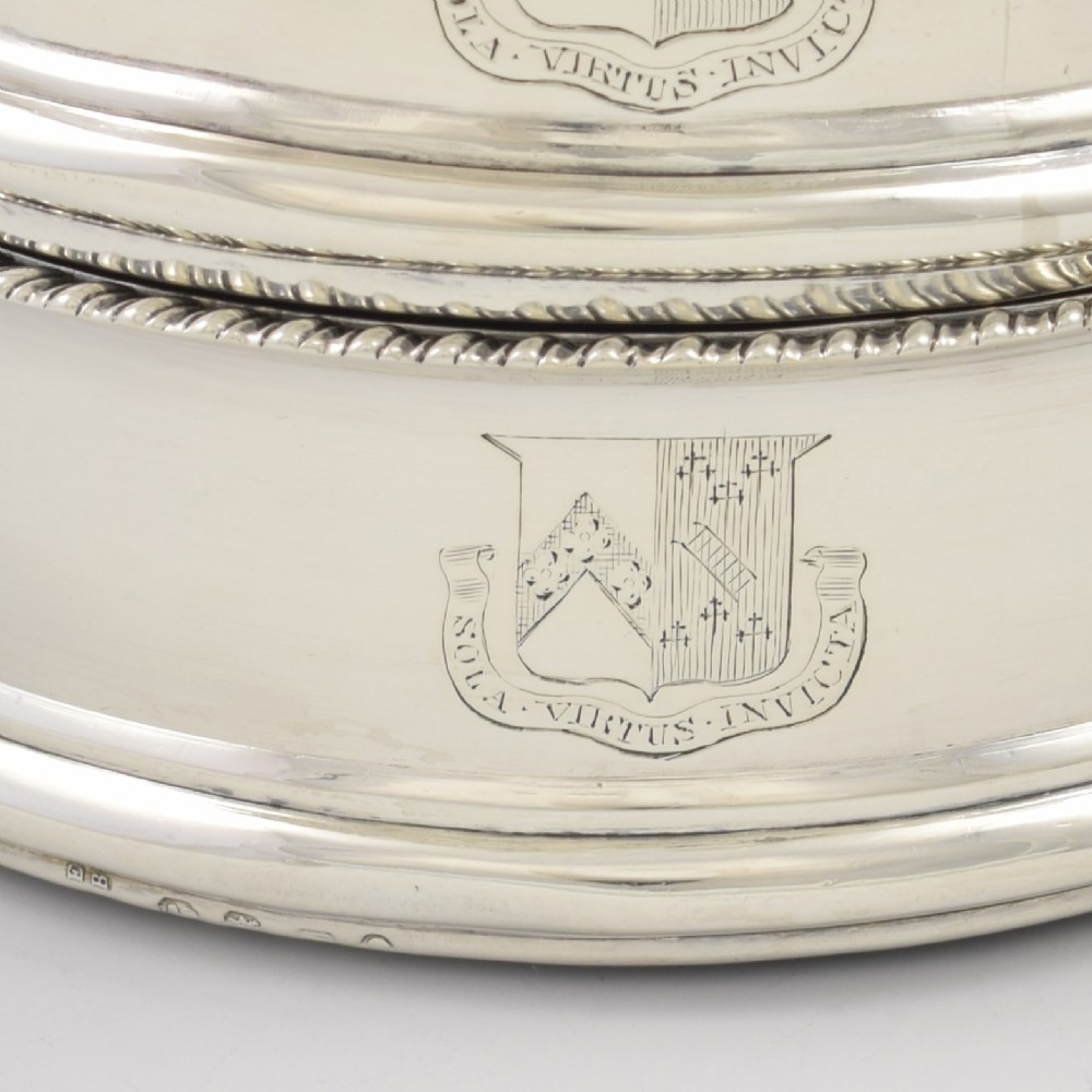 Stunning Pair Of Georgian Sterling Silver Wine Bottle Coasters Eyre Family Armorial Coat Of Arms View V