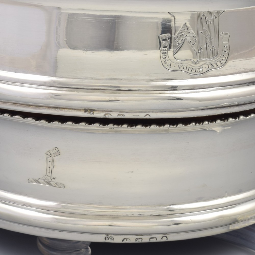 Stunning Pair Of Georgian Sterling Silver Wine Bottle Coasters Eyre Family Armorial Coat Of Arms View X