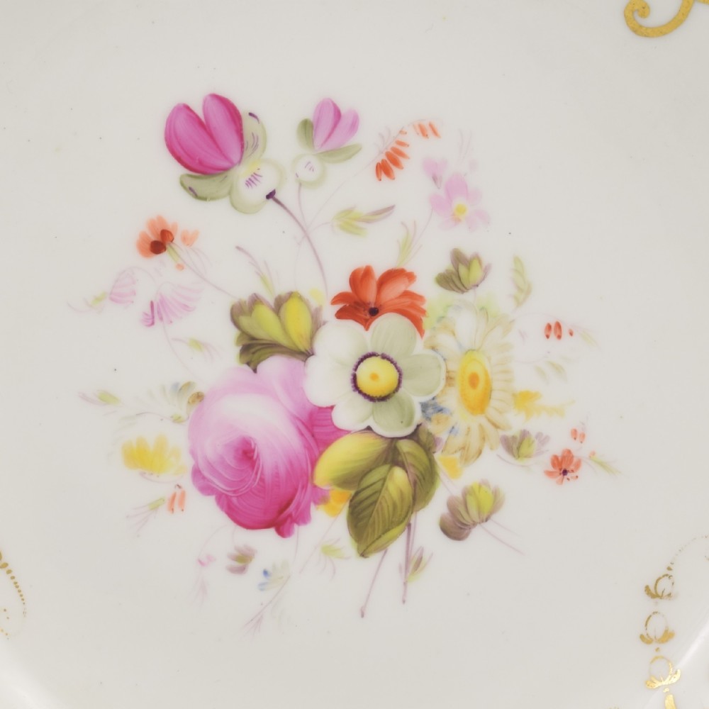 A Regency Minton porcelain dessert plate featuring a scalloped rim, broad apple green border with gilded scrolls, and a hand-painted floral bouquet at the centre. View III