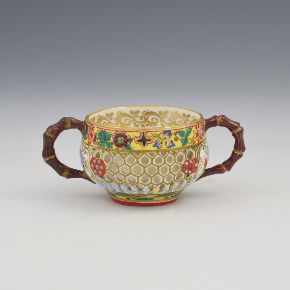 Rare Chamberlain's Worcester Pierced Double Walled Porcelain Twin Handle Cup c.1846 View II