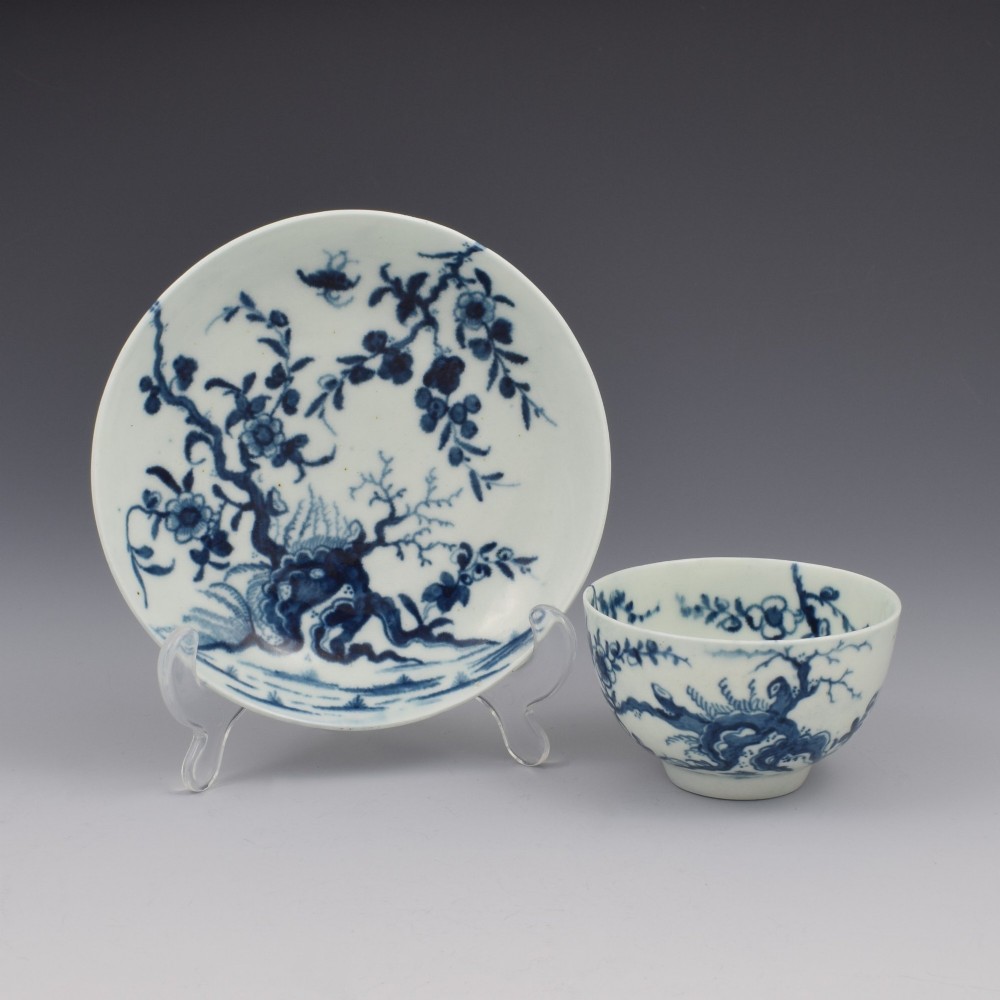 Lovely First Period Worcester Porcelain Prunus Root Tea Bowl & Saucer c.1760