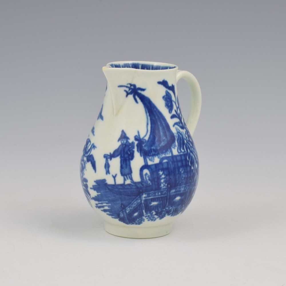 A Georgian First Period Worcester porcelain sparrow beak milk jug decorated with a cobalt blue underglaze fisherman pattern. View II