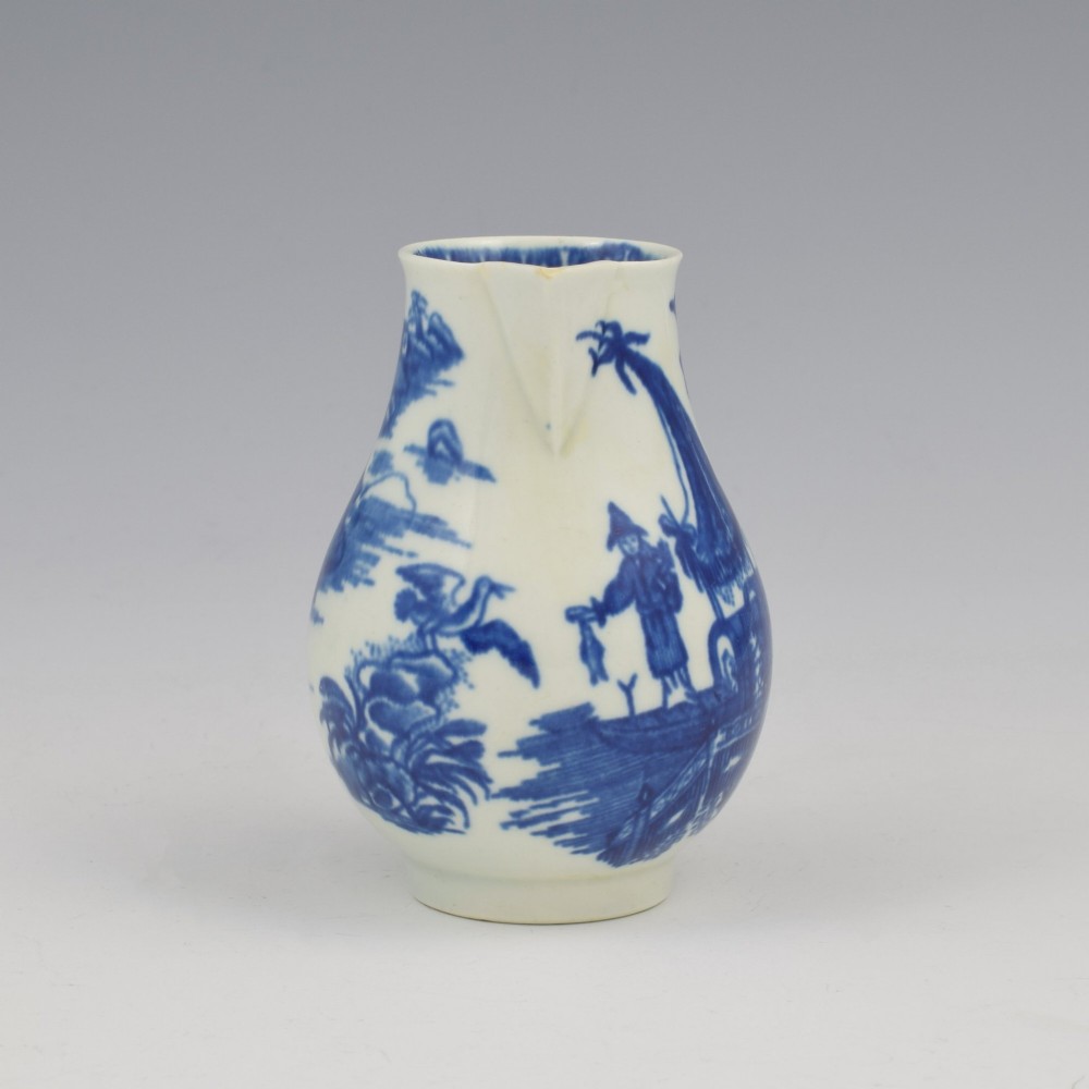 A Georgian First Period Worcester porcelain sparrow beak milk jug decorated with a cobalt blue underglaze fisherman pattern. View III