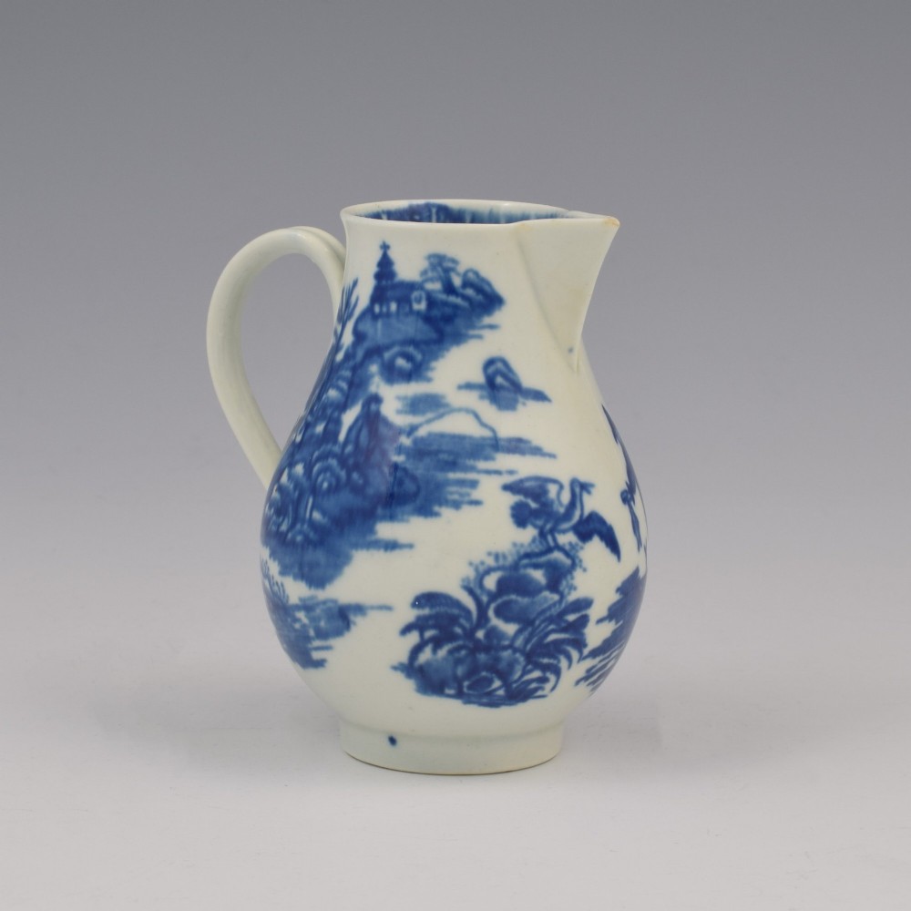 A Georgian First Period Worcester porcelain sparrow beak milk jug decorated with a cobalt blue underglaze fisherman pattern. View IV