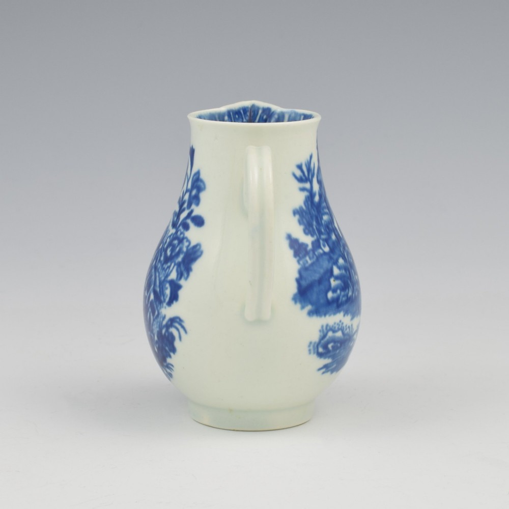 A Georgian First Period Worcester porcelain sparrow beak milk jug decorated with a cobalt blue underglaze fisherman pattern. View VII