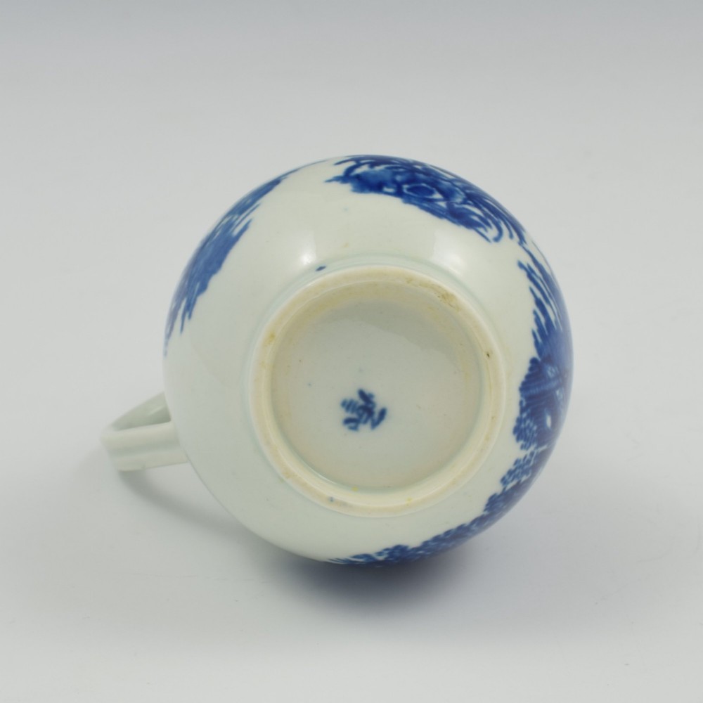 A Georgian First Period Worcester porcelain sparrow beak milk jug decorated with a cobalt blue underglaze fisherman pattern. View X