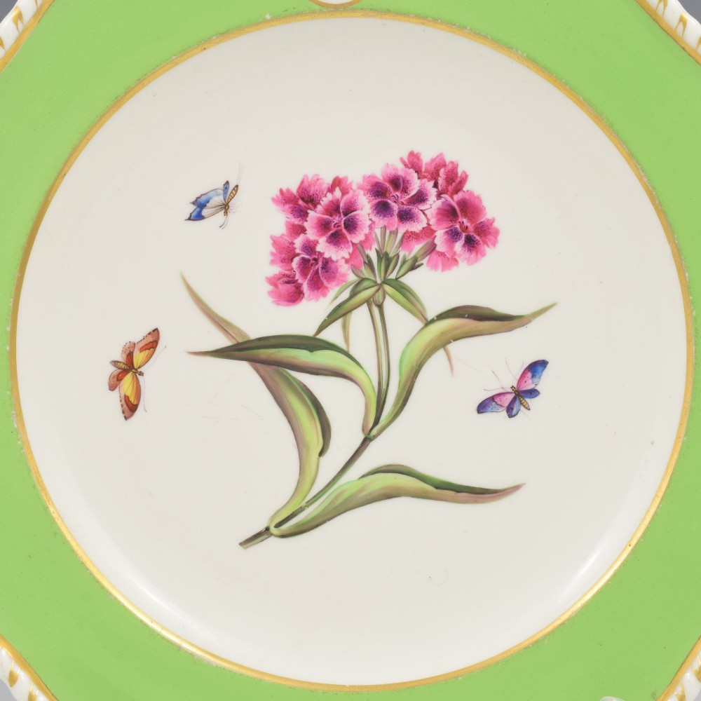 A Regency Bloor Derby porcelain plate featuring an apple green border with a marquess armorial crest, surrounding a central hand-painted illustration of pink Sweet William flowers and butterflies. View II