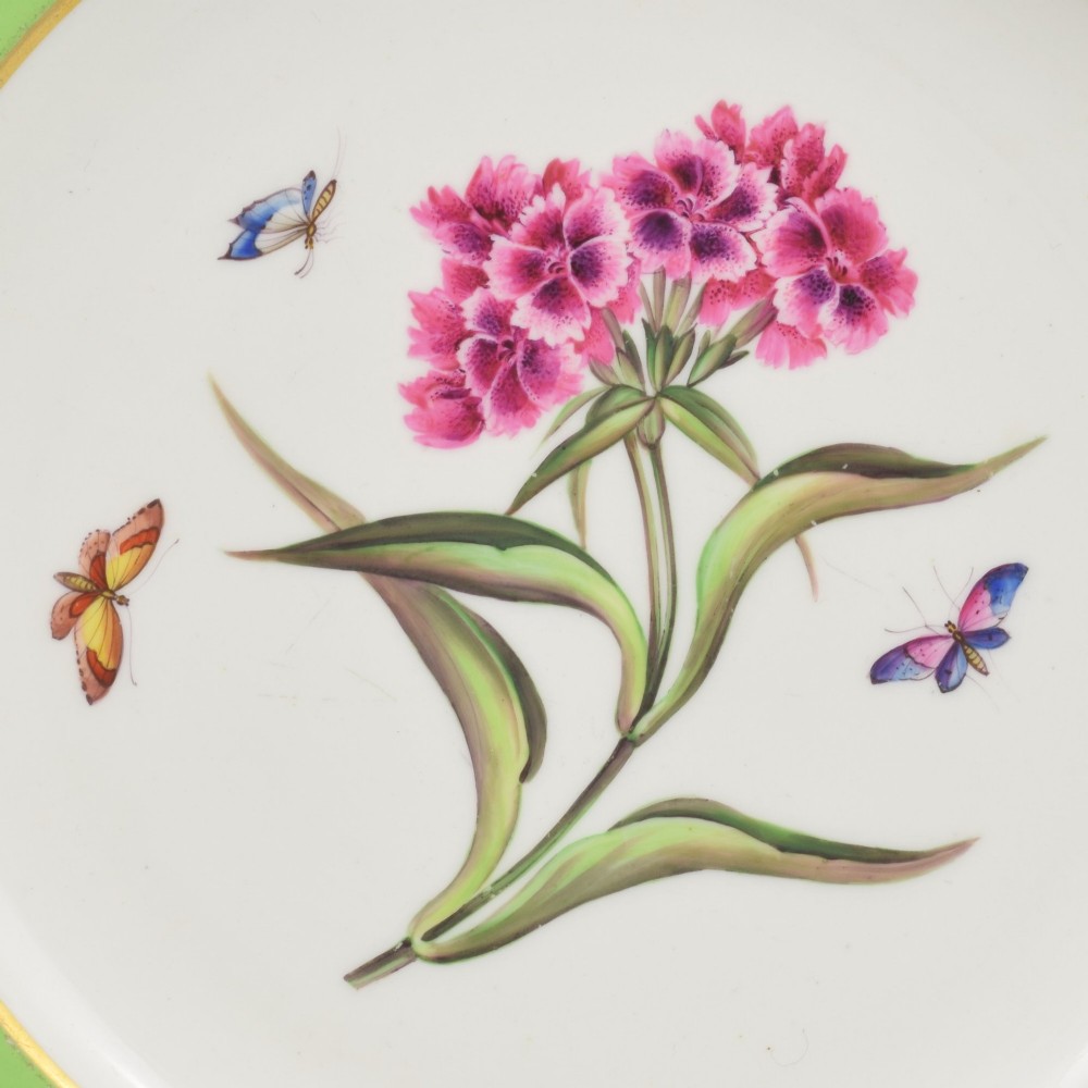 A Regency Bloor Derby porcelain plate featuring an apple green border with a marquess armorial crest, surrounding a central hand-painted illustration of pink Sweet William flowers and butterflies. View VII