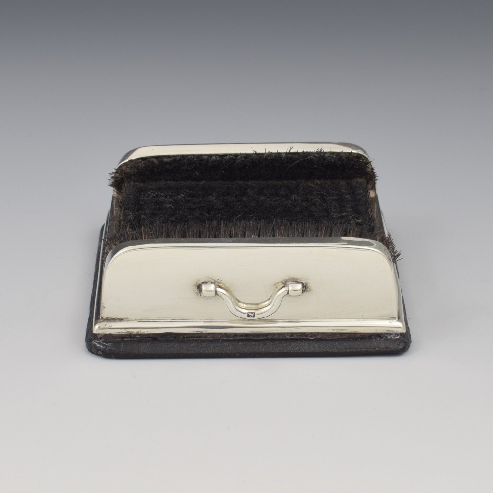 An antique Victorian sterling silver novelty pen wipe in the form of a miniature boot scraper with black bristles. View III