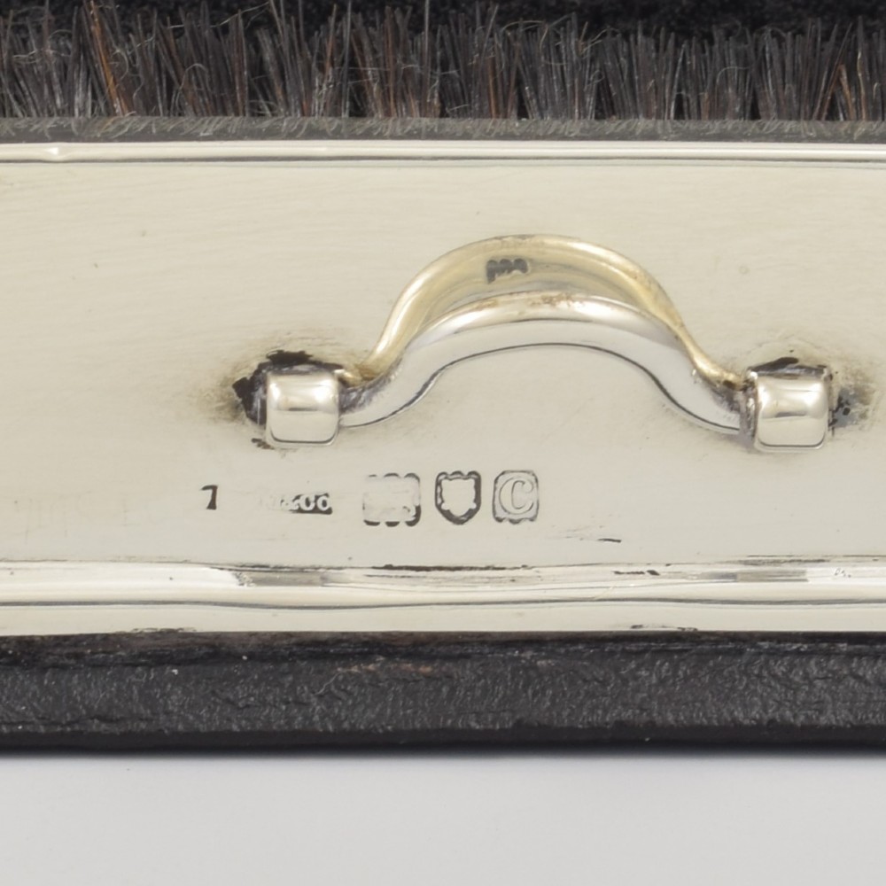 An antique Victorian sterling silver novelty pen wipe in the form of a miniature boot scraper with black bristles. View VIII
