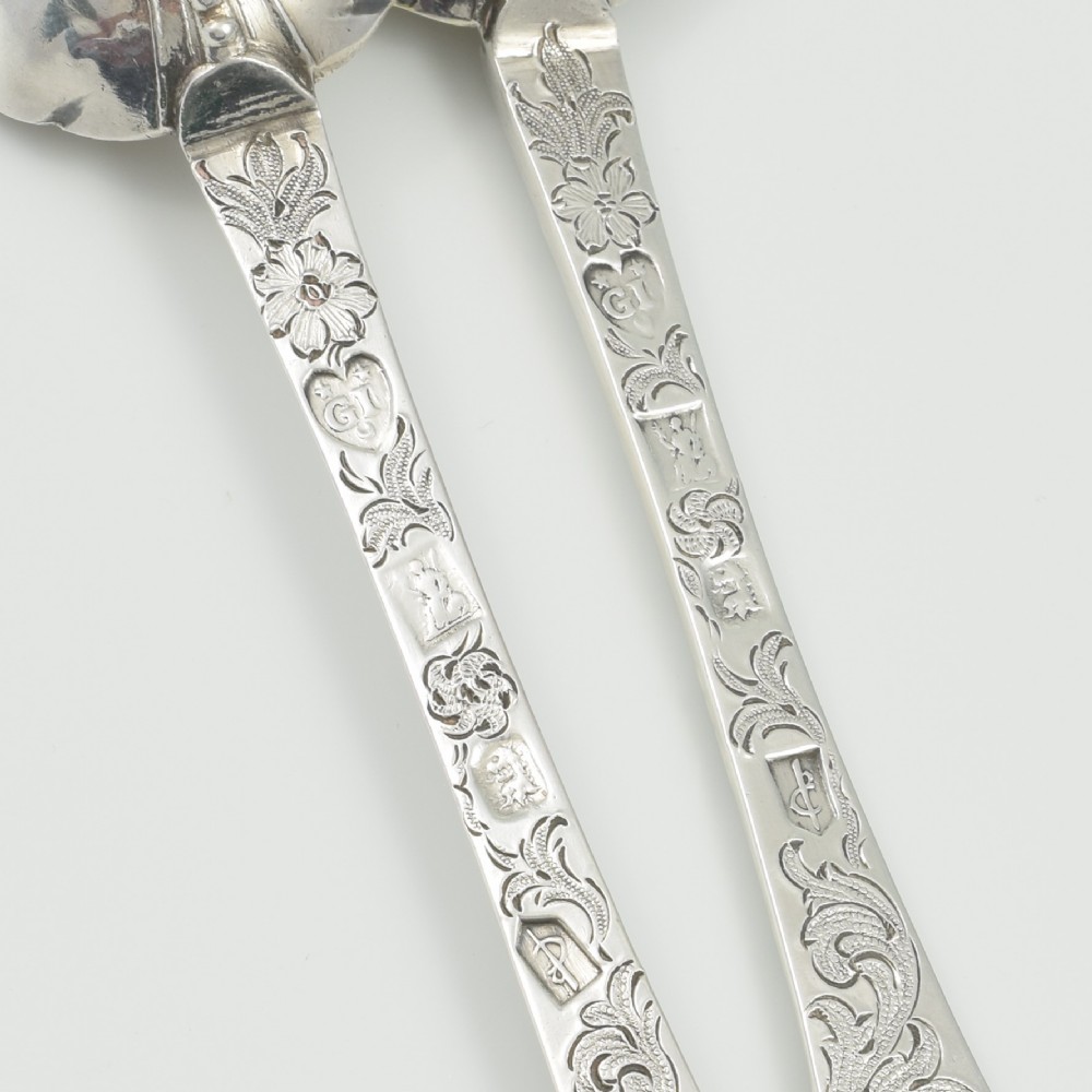 A pair of William III sterling silver dognose spoons featuring chased floral stems and gilded, scalloped bowls. View VI