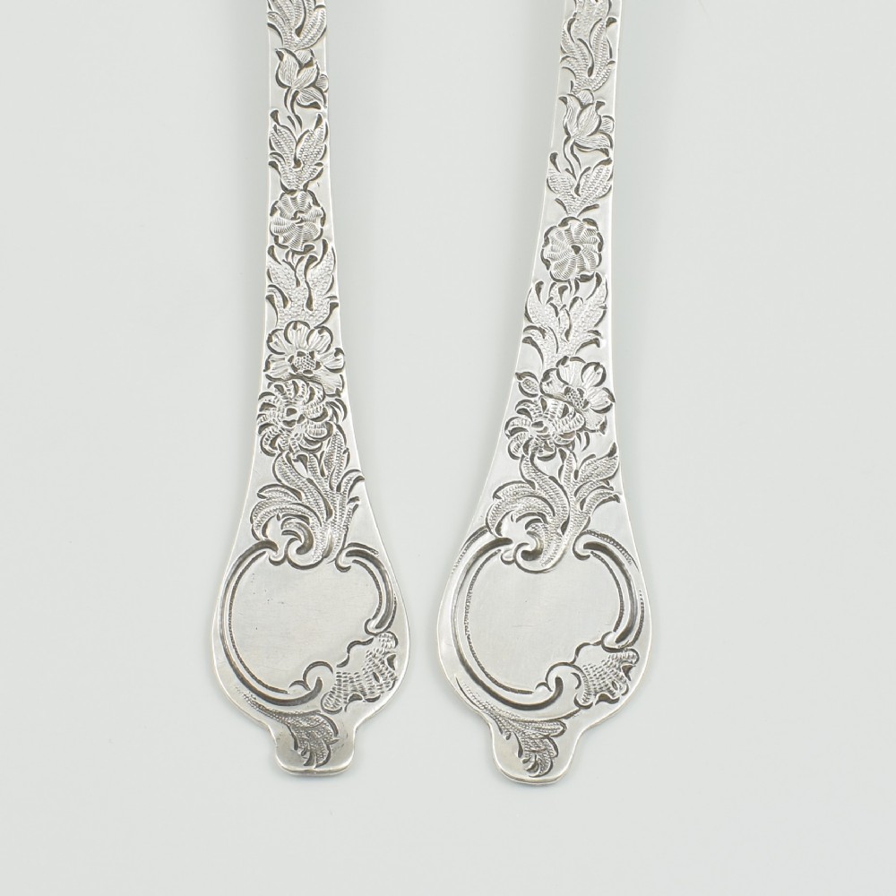 A pair of William III sterling silver dognose spoons featuring chased floral stems and gilded, scalloped bowls. View X