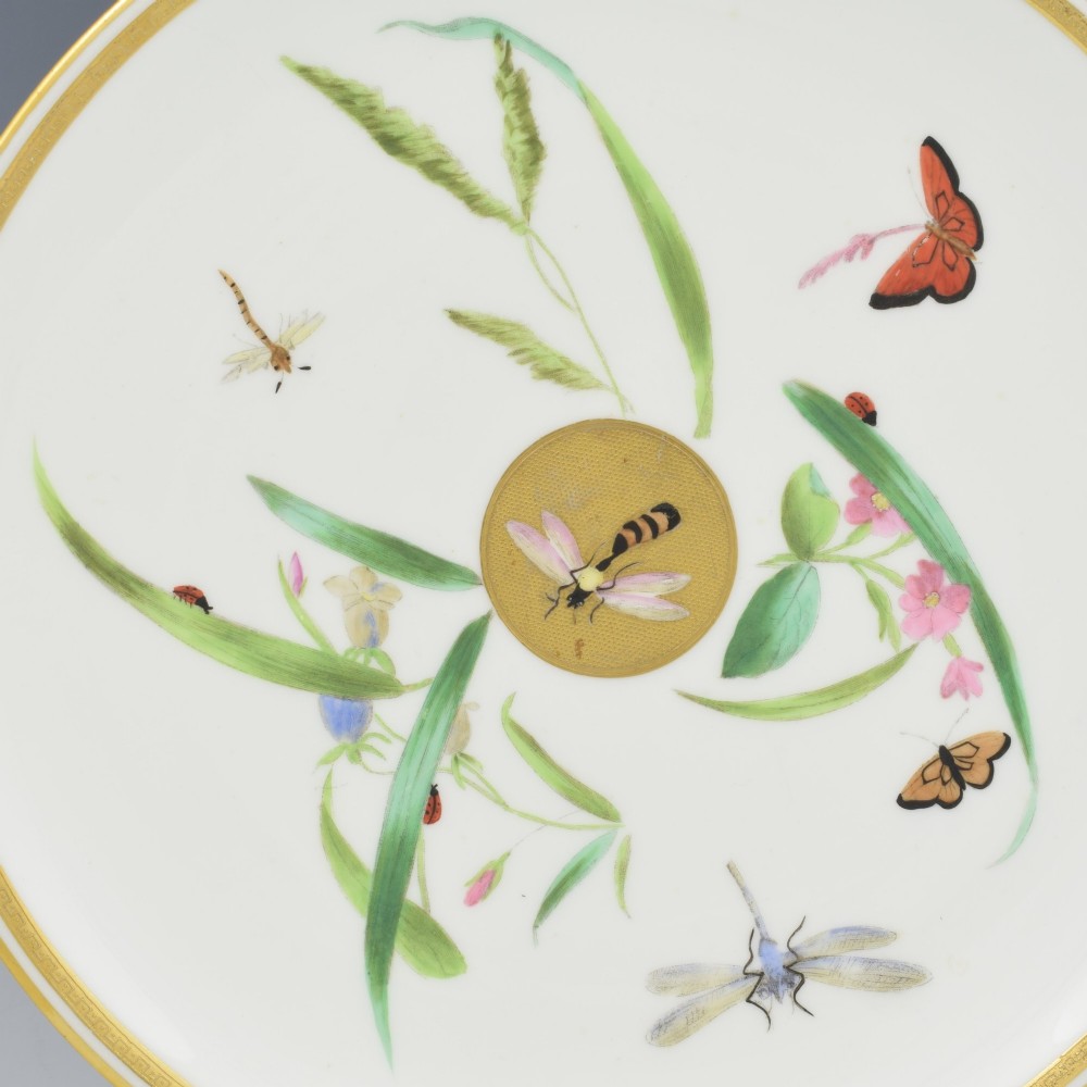 A white porcelain dessert plate decorated with hand-painted insects, green foliage, pink flowers, and a central gilt sun medallion with a gilded rim. View II
