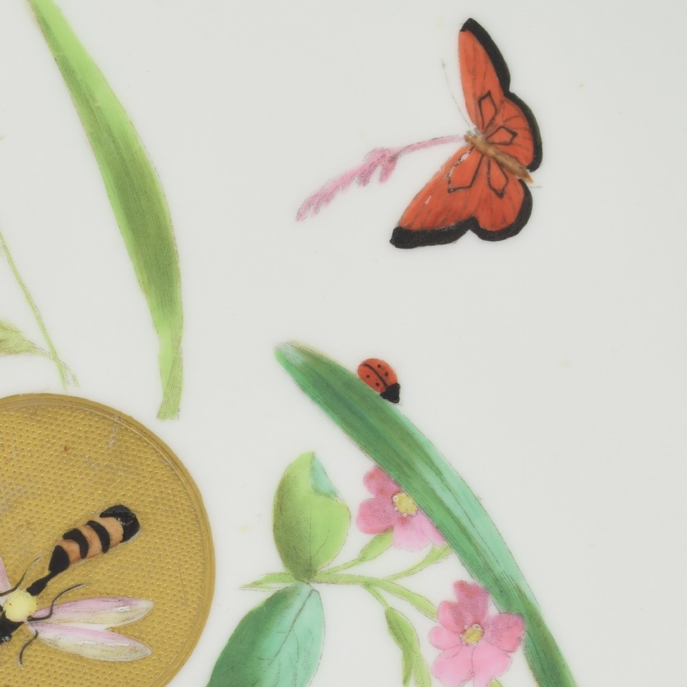 A white porcelain dessert plate decorated with hand-painted insects, green foliage, pink flowers, and a central gilt sun medallion with a gilded rim. View V