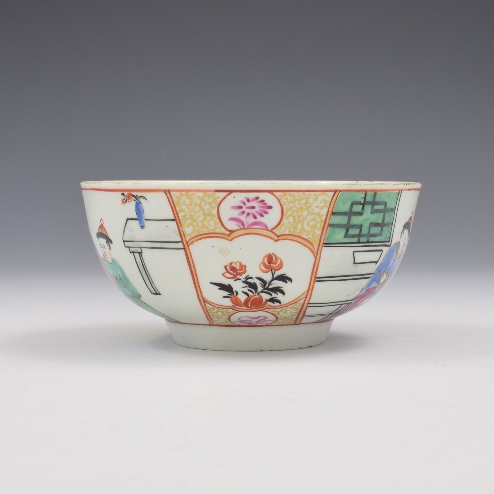 An 18th-century circular soft-paste porcelain bowl decorated with hand-painted Chinese figures in polychrome enamels. View II