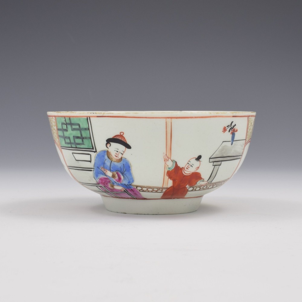 An 18th-century circular soft-paste porcelain bowl decorated with hand-painted Chinese figures in polychrome enamels. View III