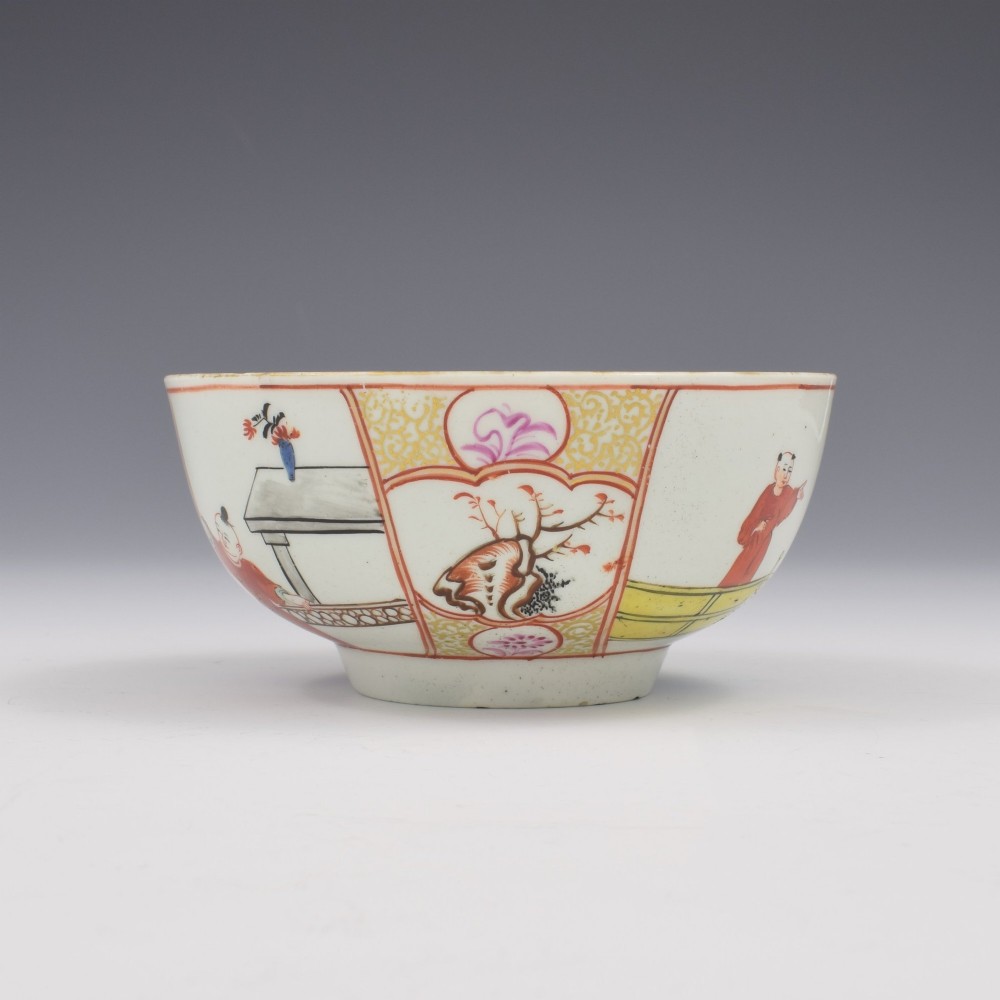 An 18th-century circular soft-paste porcelain bowl decorated with hand-painted Chinese figures in polychrome enamels. View IV