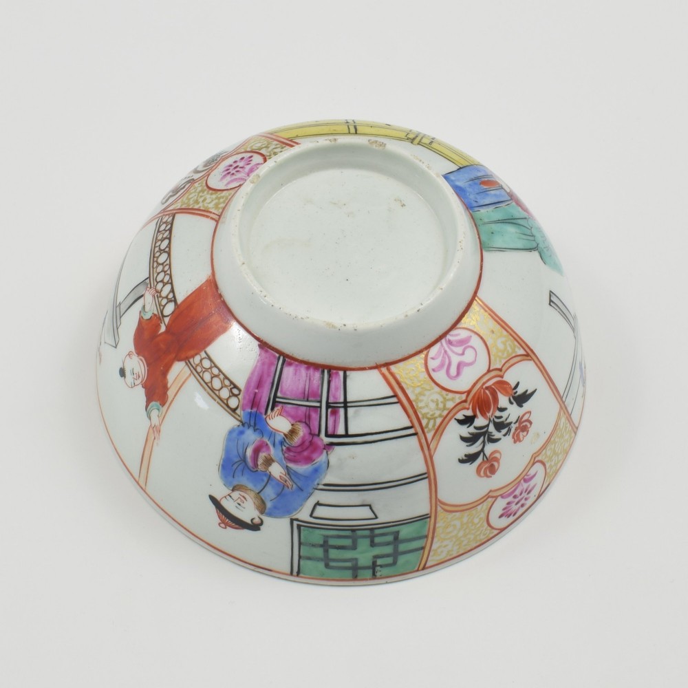 An 18th-century circular soft-paste porcelain bowl decorated with hand-painted Chinese figures in polychrome enamels. View V