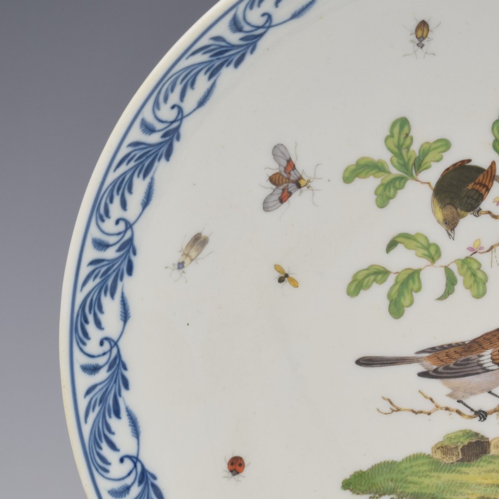 A circular white porcelain dish painted with detailed birds perched on a branch surrounded by small insects and framed by a blue foliate border. View IV