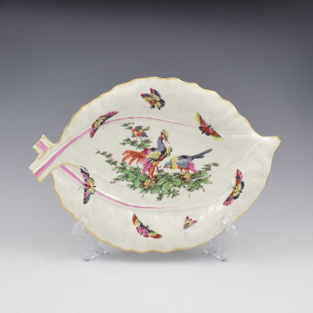 Rare Large 35cm Dr Wall / First Period Worcester Porcelain Fancy Birds Leaf Dish c.1768