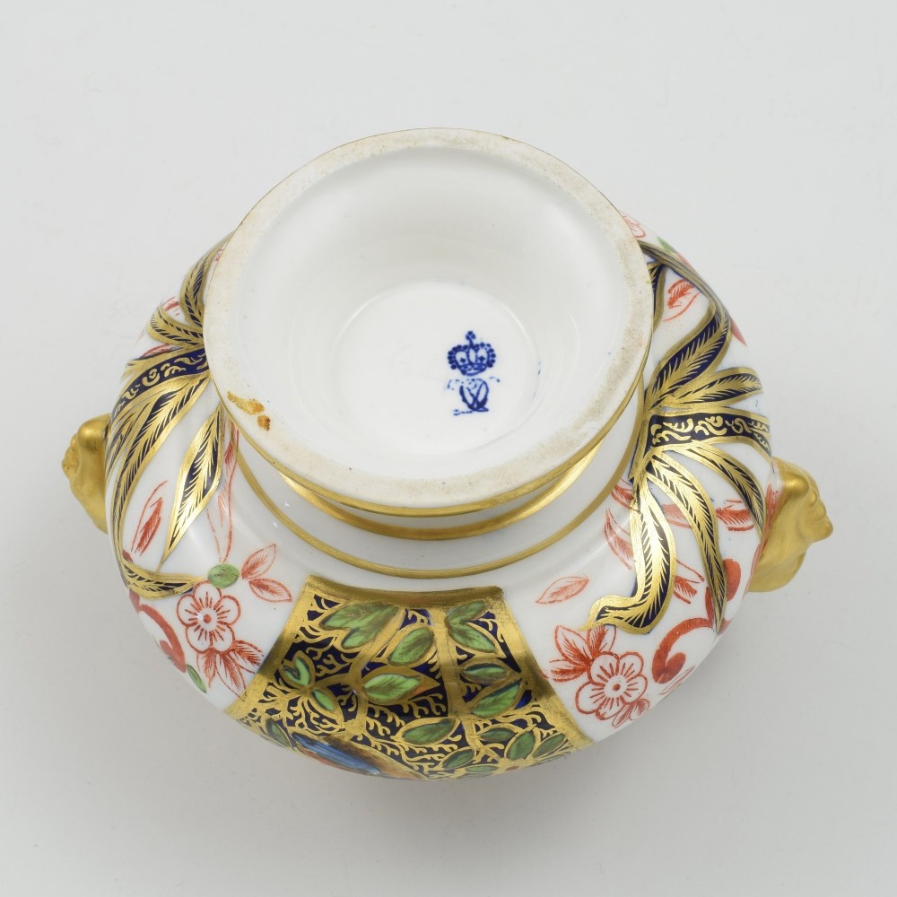 A Victorian Royal Crown Derby porcelain vase featuring twin gilded mask handles, intricate cobalt blue and gold panel decoration, and hand-painted floral motifs. View XII