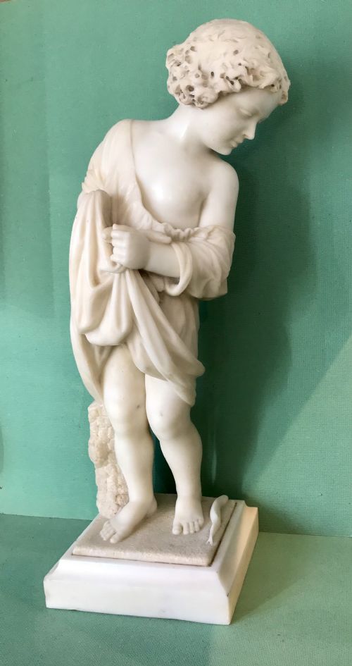 Exquisite 19ct Marble Sculpture of a Child Gathering Fish