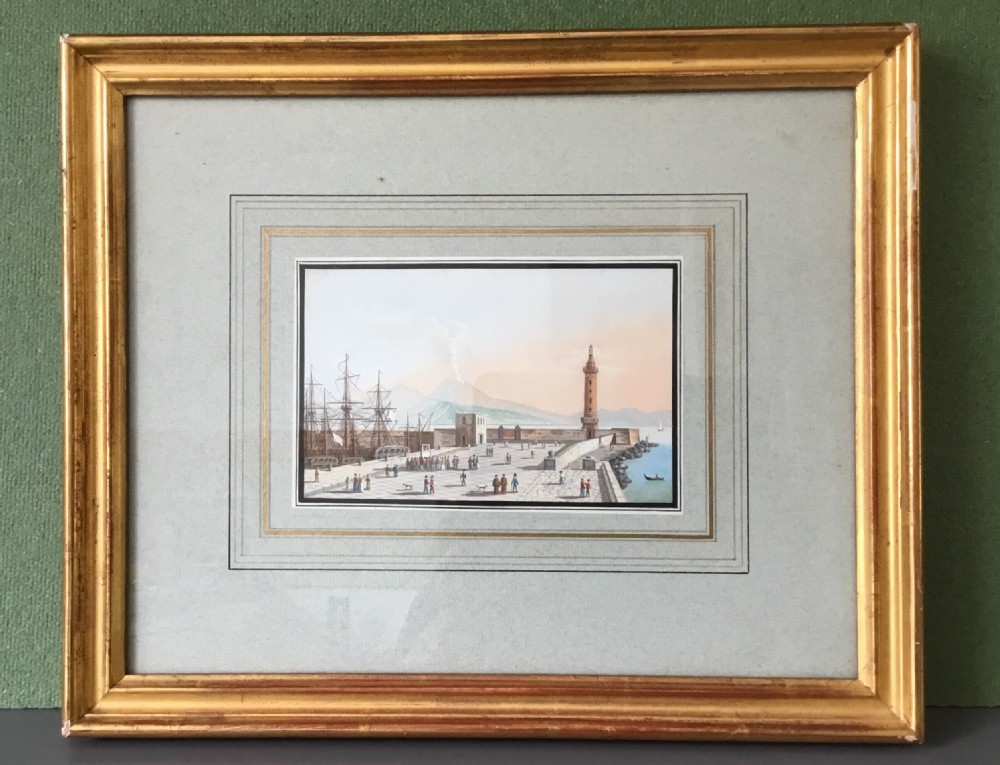 A pair of nineteenth-century framed gouache paintings depicting coastal Neapolitan harbour scenes set in gilt wood frames. View II