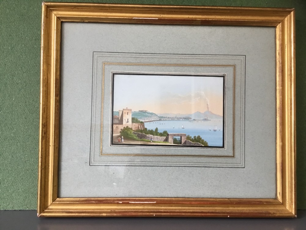 A pair of nineteenth-century framed gouache paintings depicting coastal Neapolitan harbour scenes set in gilt wood frames. View IV