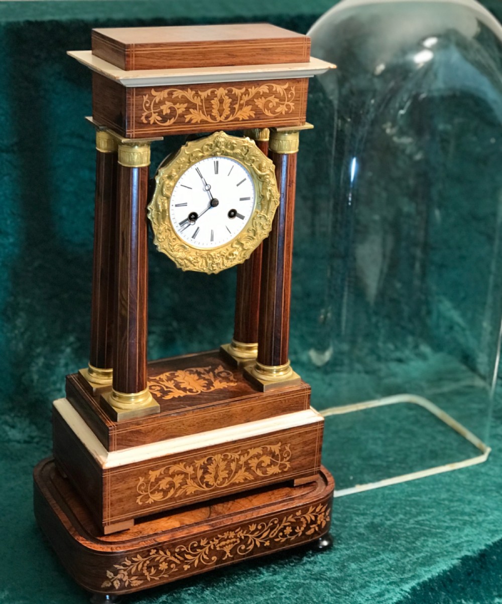 19th century marquetry portico clock circa 1875. Library, mantel, or table. Clock  View II
