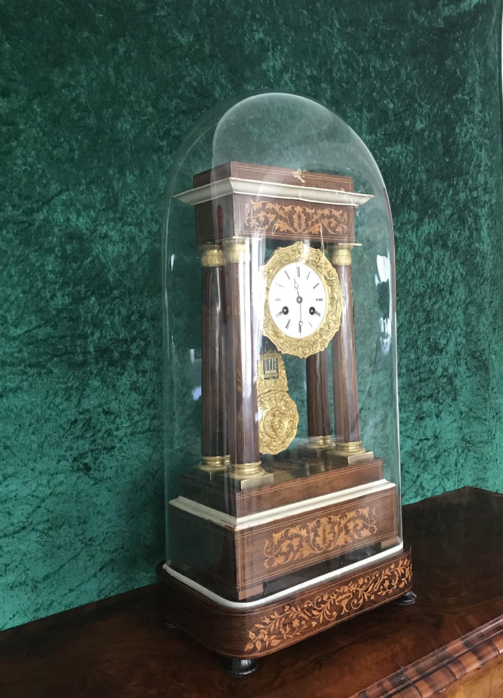 19th century marquetry portico clock circa 1875. Library, mantel, or table. Clock  View VII