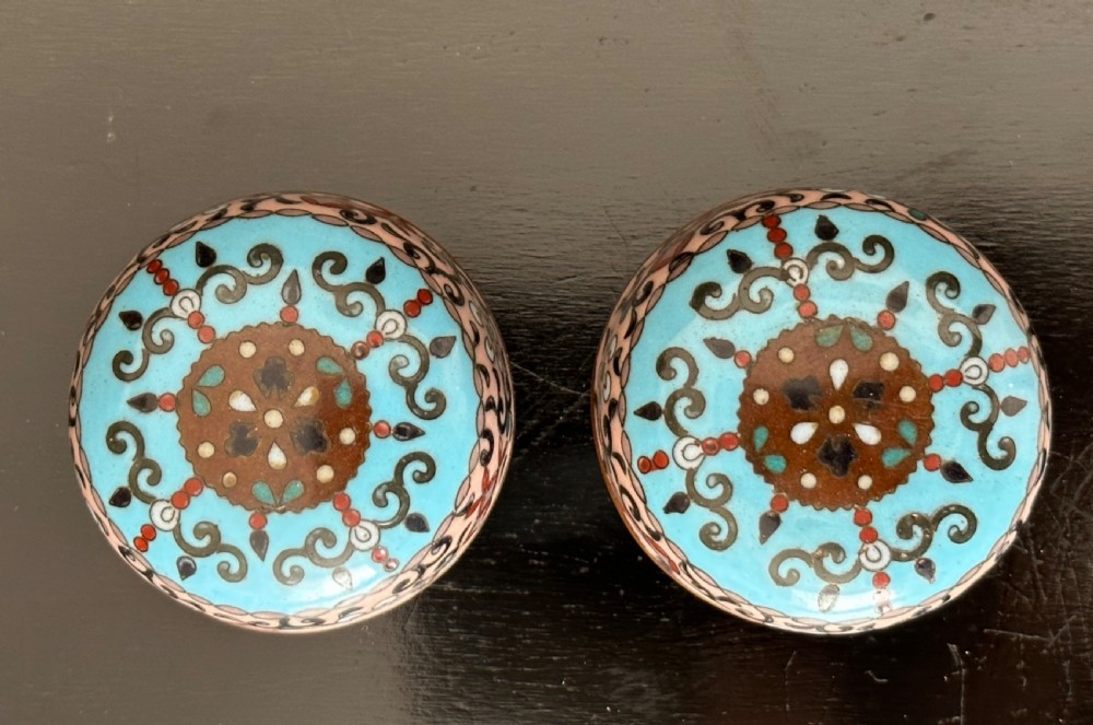 A pair of lidded antique cloisonne enamel jars decorated with birds, floral peonies, and intricate geometric patterns on a sky blue ground. View III