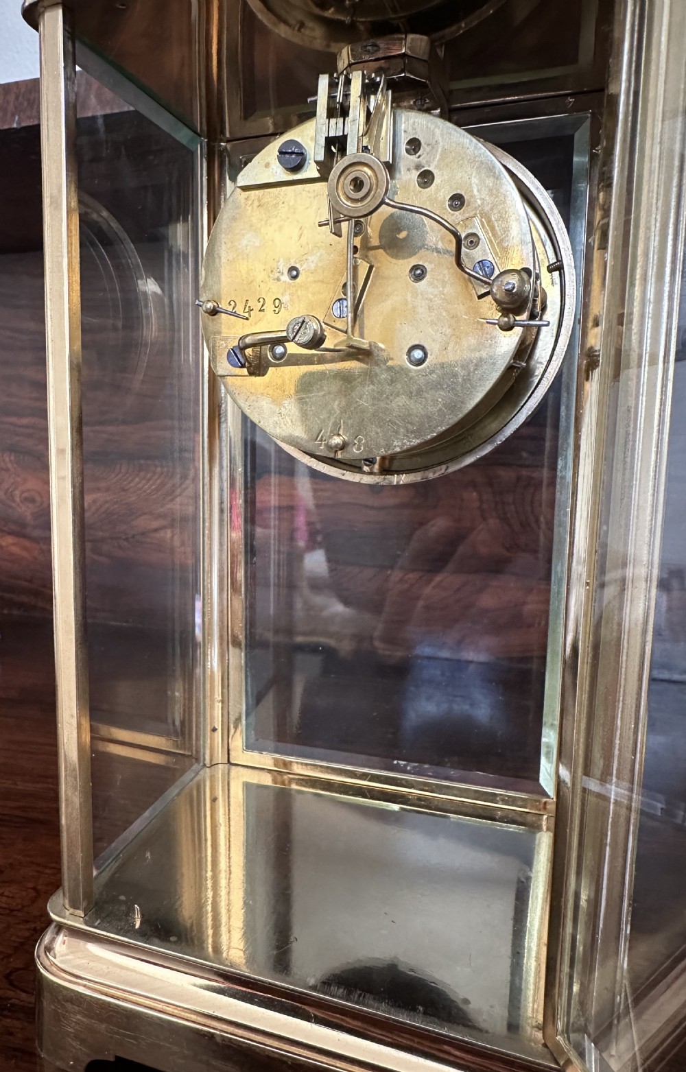Four glass mantle clock, striking, library, French clock, circa 1900 View IV