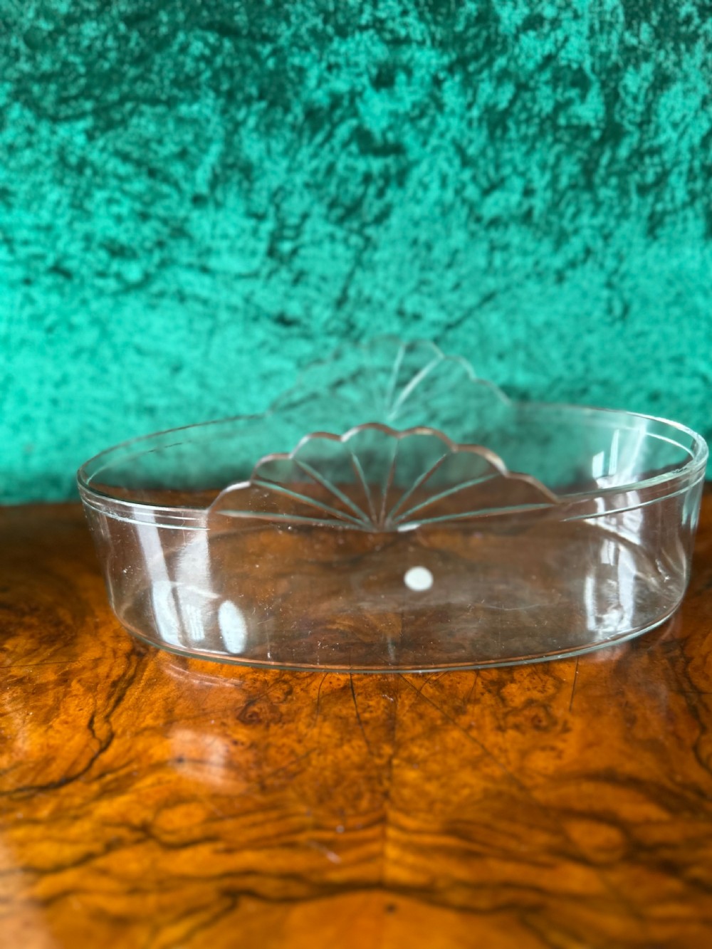 An oblong silver-plated Art Nouveau centrepiece bowl featuring ornate twin handles, relief scrollwork, a central cartouche, and a clear glass liner. View II