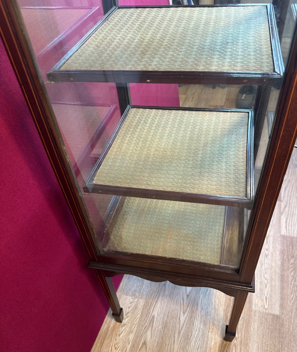 An Edwardian inlaid mahogany pedestal vitrine cabinet featuring glass panels on four sides, three fabric-lined shelves, a single glazed door, and a caddy top roof design. View VII