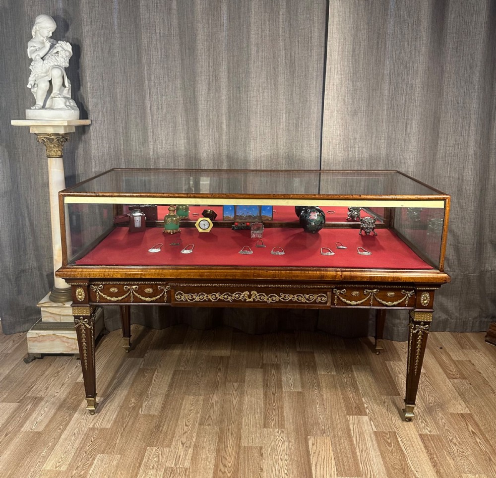 A late 19th-century mahogany table vitrine featuring clear glass panels, a red velvet interior base, tapered legs, and decorative gilt-bronze mounts. View VII