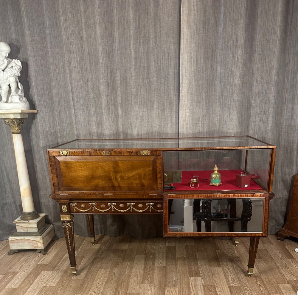 A late 19th-century mahogany table vitrine featuring clear glass panels, a red velvet interior base, tapered legs, and decorative gilt-bronze mounts. View VIII