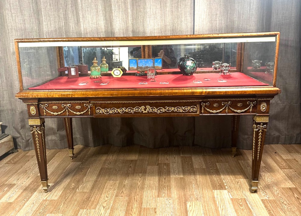 A late 19th-century mahogany table vitrine featuring clear glass panels, a red velvet interior base, tapered legs, and decorative gilt-bronze mounts. View XII