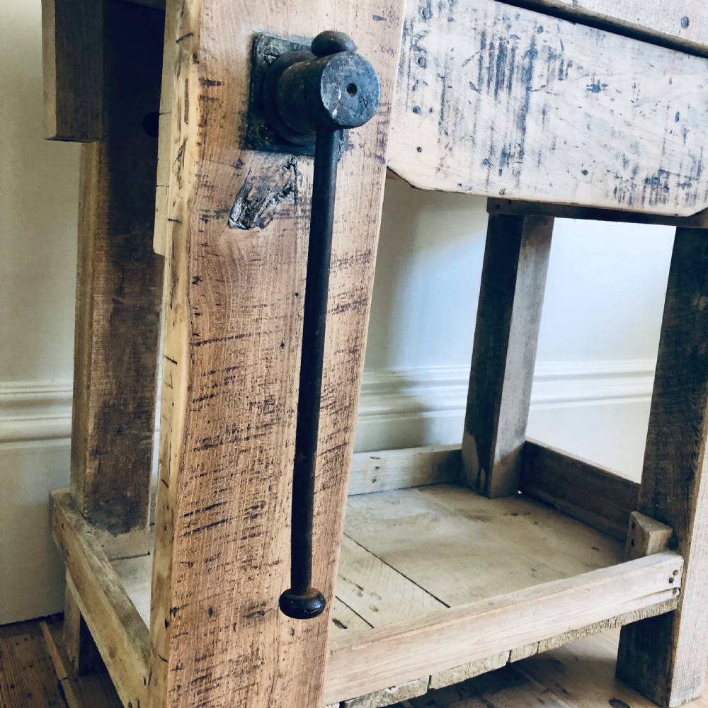 Antique French industrial work bench with vice View II